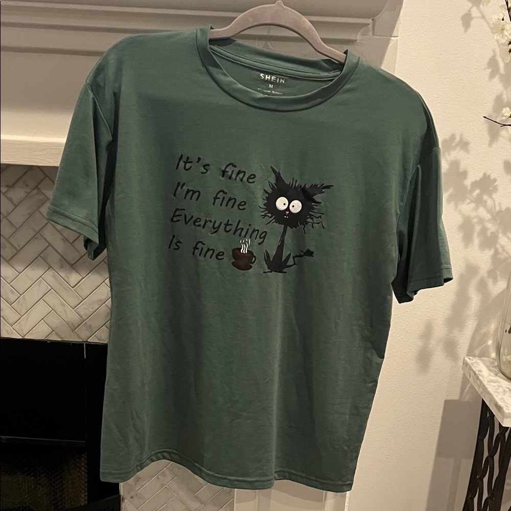 SHEIN Dark Green Cat Humor Tee